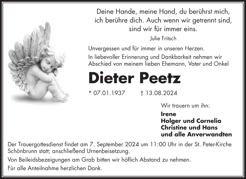  Traueranzeige für Dieter Peetz vom 31.08.2024 aus Frankenpost