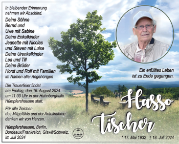 Traueranzeige von Hasso Tischer von Südthüringer Presse