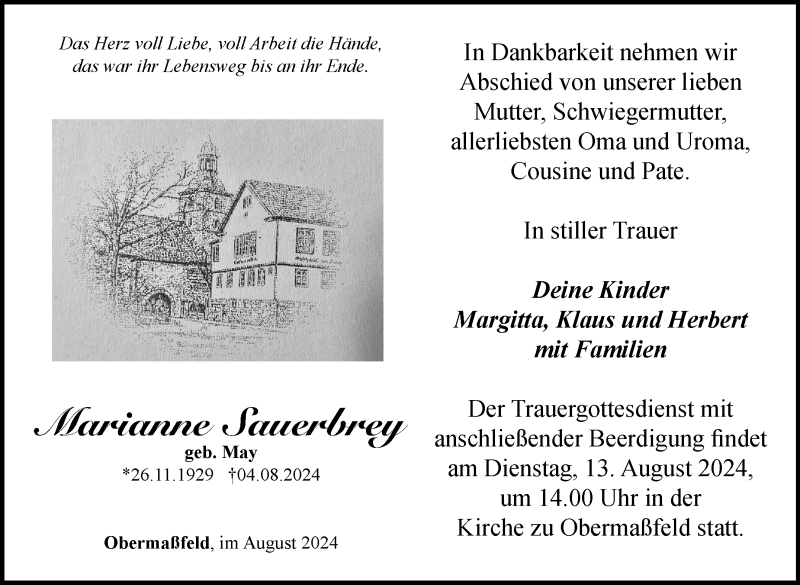  Traueranzeige für Marianne Sauerbrey vom 10.08.2024 aus Südthüringer Presse