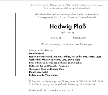 Traueranzeige von Hedwig Plaß von Frankenpost