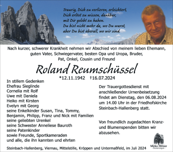 Traueranzeige von Roland Reumschüssel von Südthüringer Presse
