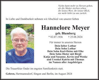Traueranzeige von Hannelore Meyer von Südthüringer Presse