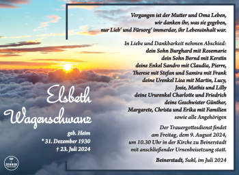 Traueranzeige von Elsbeth Wagenschwanz von Südthüringer Presse