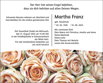 Traueranzeige von Martha Franz von Frankenpost