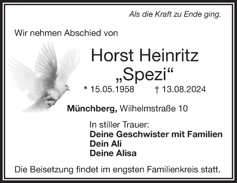  Traueranzeige für Horst Heinritz vom 24.08.2024 aus Frankenpost