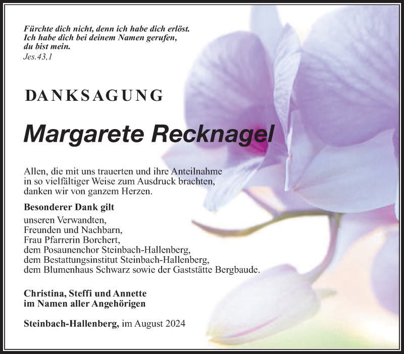  Traueranzeige für Margarete Recknagel vom 03.08.2024 aus Südthüringer Presse