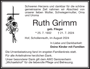 Traueranzeige von Ruth Grimm von Frankenpost