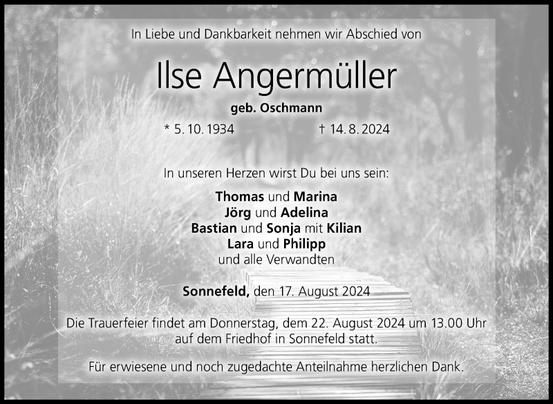  Traueranzeige für Ilse Angermüller vom 17.08.2024 aus Neue Presse Coburg