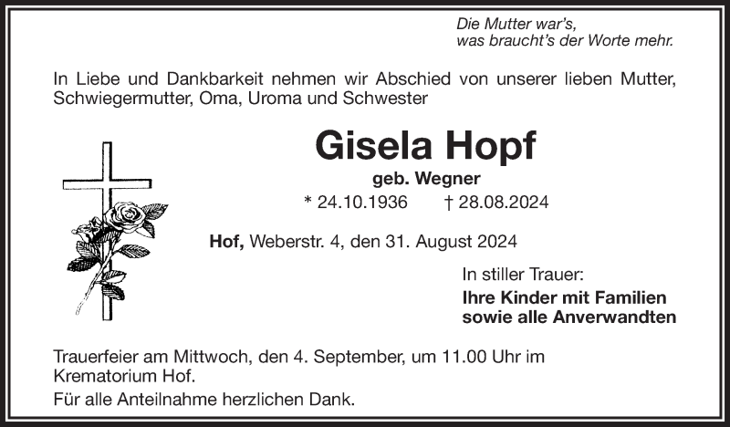  Traueranzeige für Gisela Hopf vom 31.08.2024 aus Frankenpost