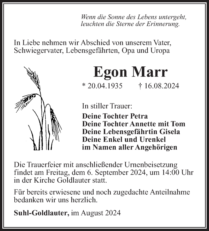  Traueranzeige für Egon Marr vom 31.08.2024 aus Südthüringer Presse