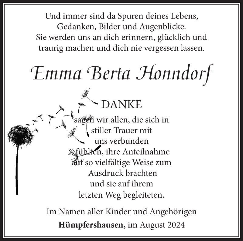  Traueranzeige für Emma Honndorf vom 30.08.2024 aus Südthüringer Presse