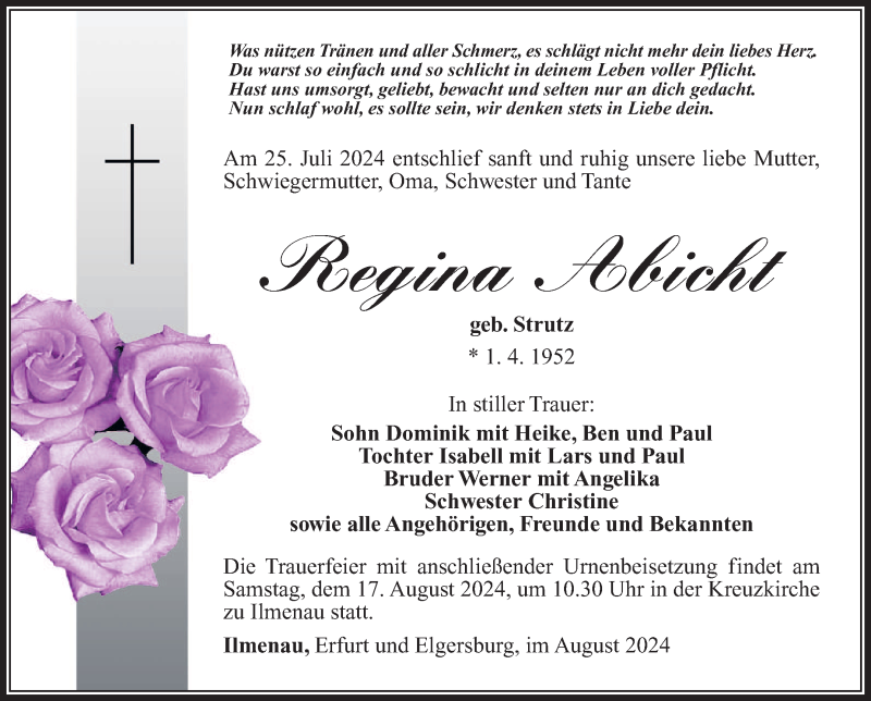  Traueranzeige für Regina Abicht vom 10.08.2024 aus Südthüringer Presse
