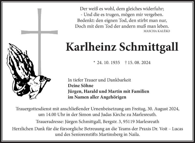  Traueranzeige für Karlheinz Schmittgall vom 24.08.2024 aus Frankenpost