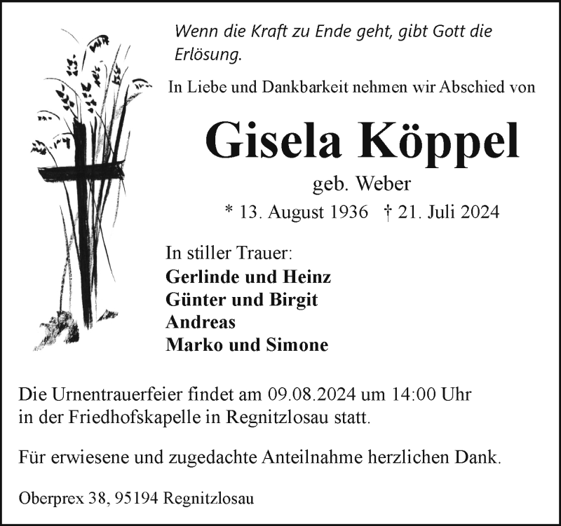  Traueranzeige für Gisela Köppel vom 03.08.2024 aus Frankenpost