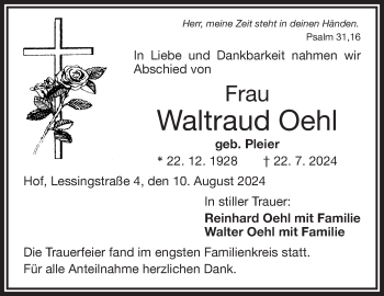 Traueranzeige von Waltraud Oehl von Frankenpost
