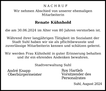 Traueranzeige von Renate Kühnhold von Südthüringer Presse