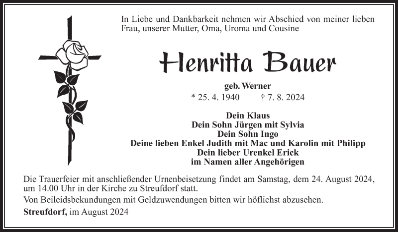 Traueranzeige für Henritta Bauer vom 17.08.2024 aus Südthüringer Presse