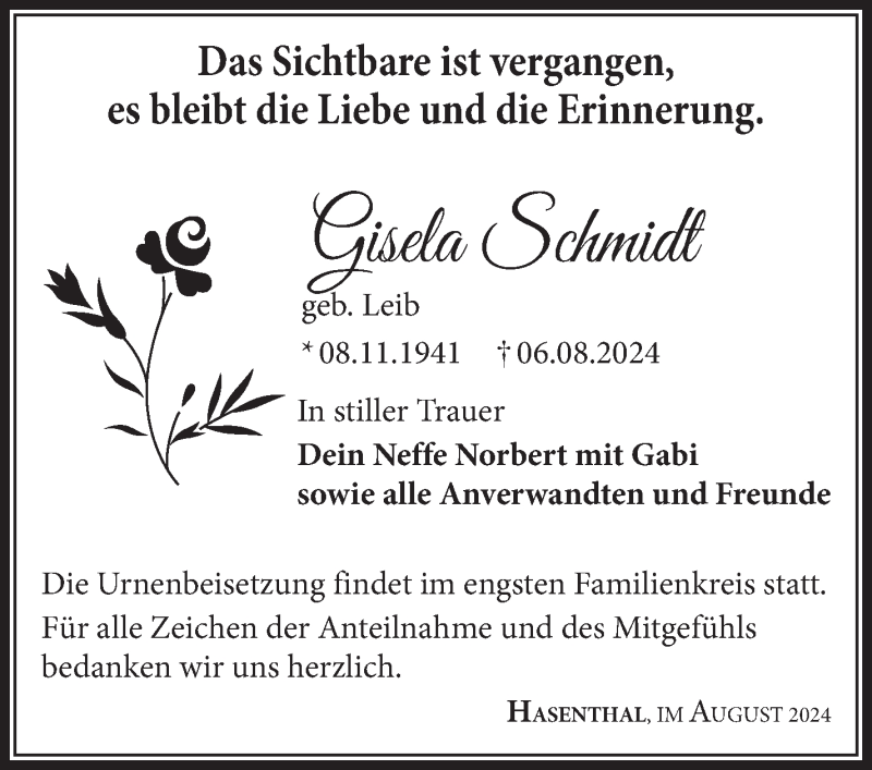  Traueranzeige für Gisela Schmidt vom 17.08.2024 aus Südthüringer Presse