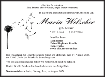 Traueranzeige von Maria Welscher von Südthüringer Presse