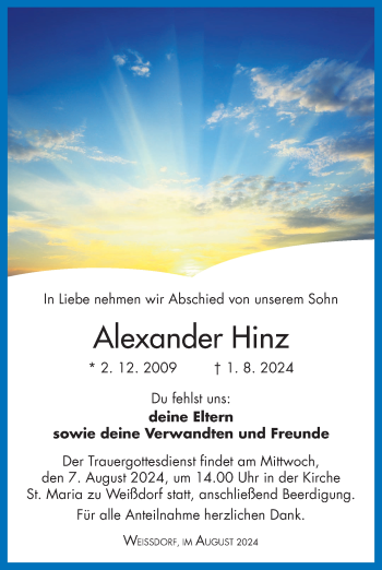 Traueranzeige von Alexander Hinz von Frankenpost