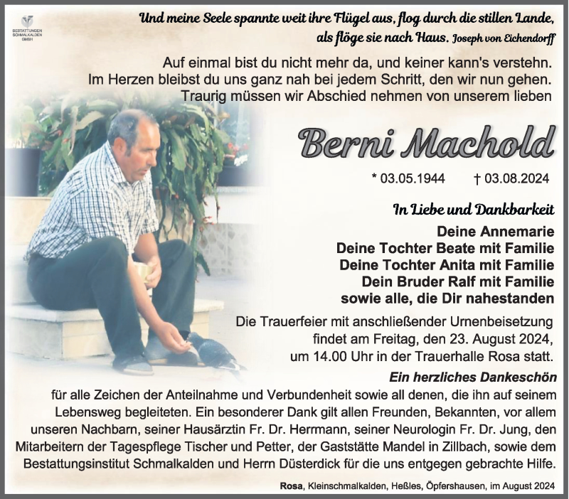  Traueranzeige für Berni Machold vom 17.08.2024 aus Südthüringer Presse