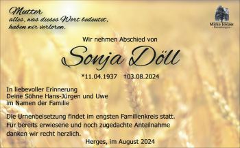 Traueranzeige von Sonja Döll von Südthüringer Presse