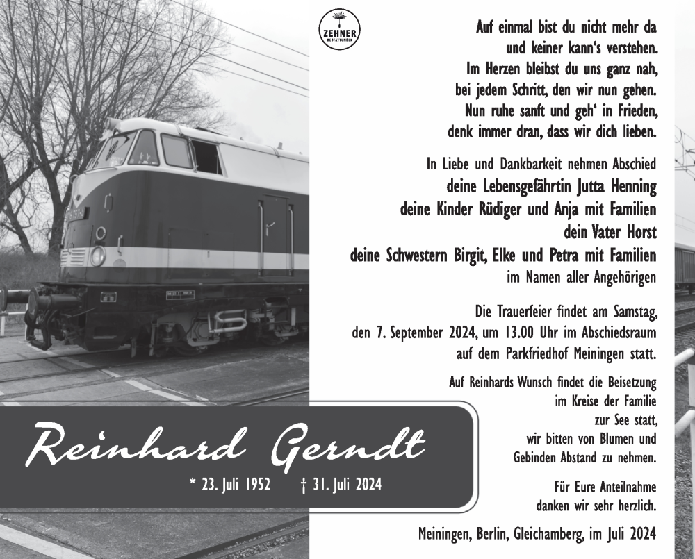  Traueranzeige für Reinhardt Gerndt vom 17.08.2024 aus Südthüringer Presse