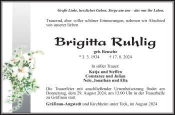 Traueranzeige von Brigitta Ruhlig von Südthüringer Presse