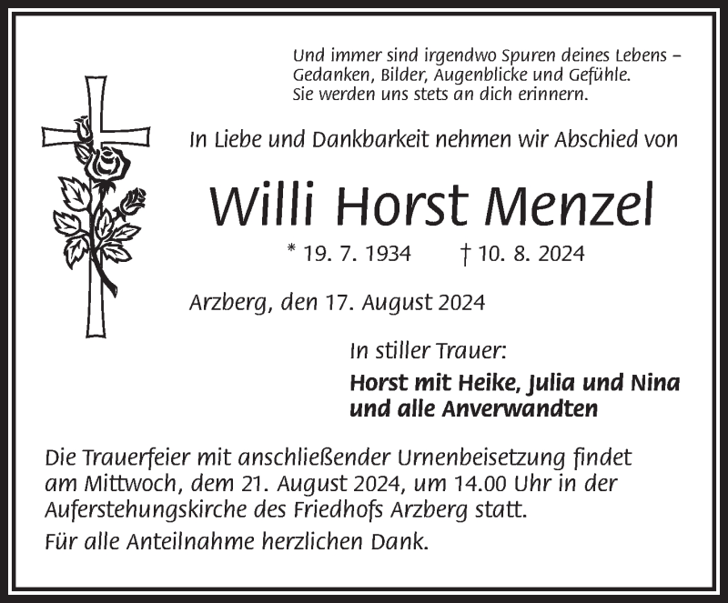  Traueranzeige für Willi Menzel vom 17.08.2024 aus Frankenpost