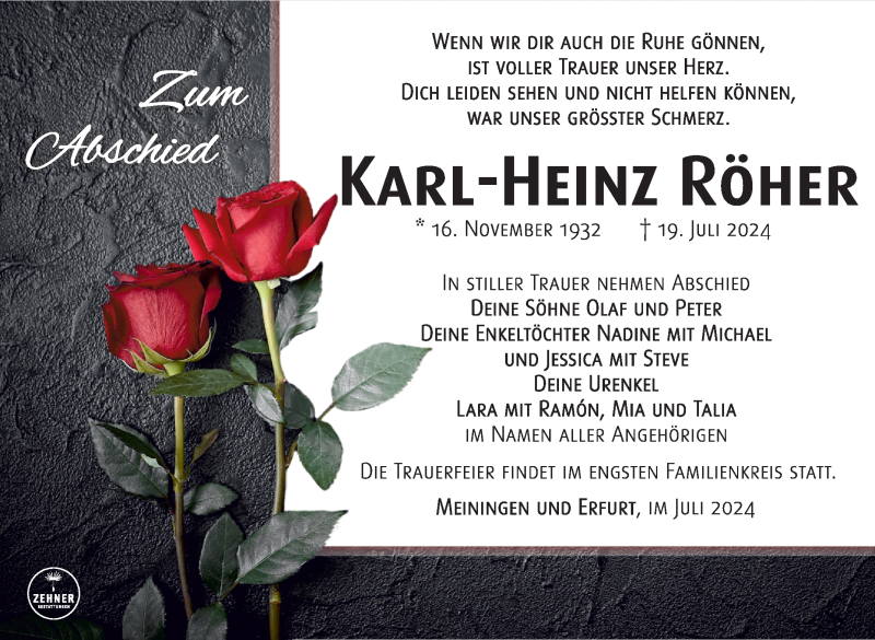  Traueranzeige für Karl-Heinz Röher vom 03.08.2024 aus Südthüringer Presse