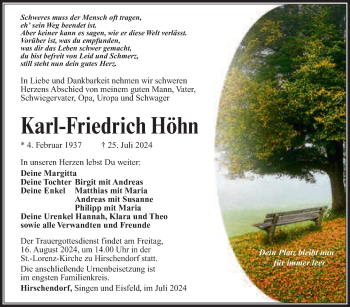 Traueranzeige von Karl-Friedrich Höhn von Südthüringer Presse