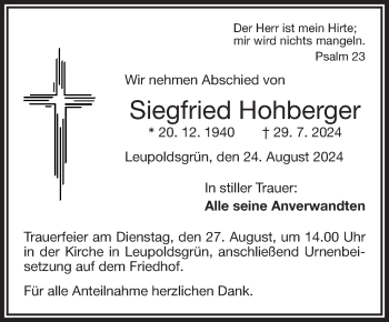 Traueranzeige von Siegfried Hohberger von Frankenpost