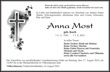 Traueranzeige von Anna Most von Südthüringer Presse