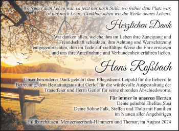 Traueranzeige von Hans Roßbach von Südthüringer Presse