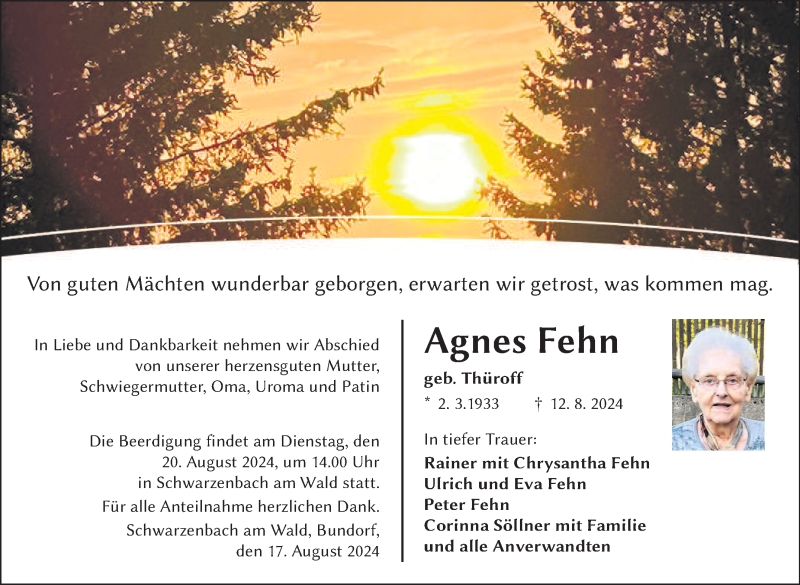 Traueranzeige für Agnes Fehn vom 17.08.2024 aus Frankenpost