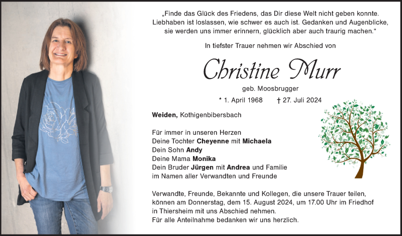  Traueranzeige für Christine Murr vom 03.08.2024 aus Frankenpost