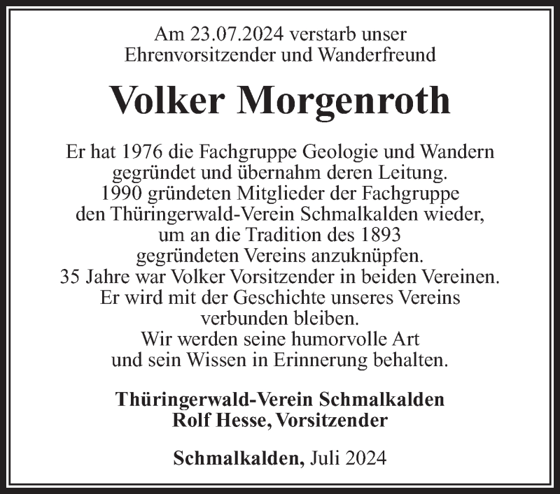  Traueranzeige für Volker Morgenroth vom 10.08.2024 aus Südthüringer Presse