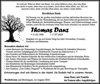 Traueranzeige von Thomas Danz von Südthüringer Presse