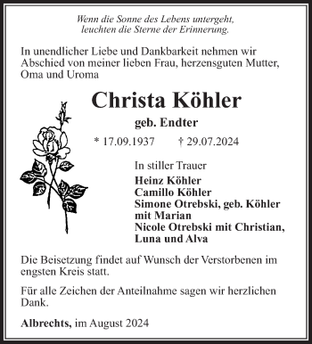Traueranzeige von Christa Köhler von Südthüringer Presse