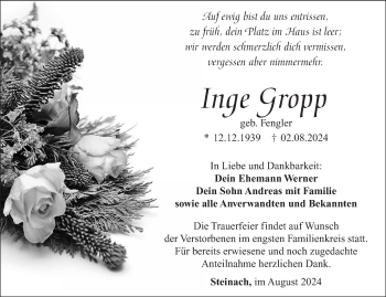 Traueranzeige von Inge Gropp von Südthüringer Presse