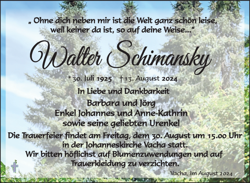  Traueranzeige für Walter Schimansky vom 24.08.2024 aus Südthüringer Presse
