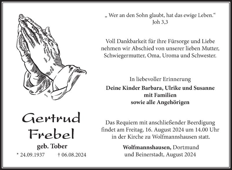  Traueranzeige für Gertrud Frebel vom 13.08.2024 aus Südthüringer Presse
