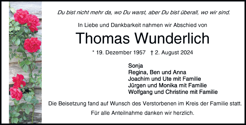  Traueranzeige für Thomas Wunderlich vom 22.08.2024 aus Frankenpost