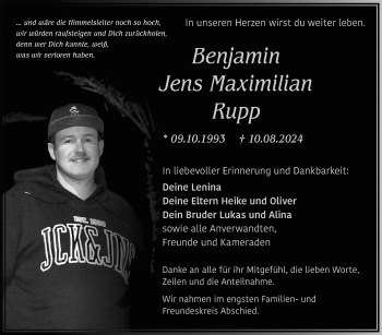 Traueranzeige von Benjamin Rupp von Neue Presse Coburg