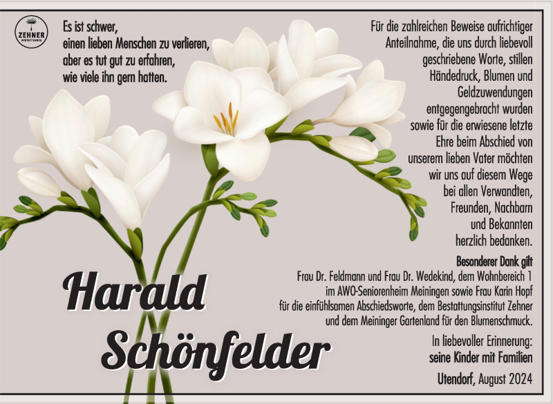  Traueranzeige für Harald Schönfelder vom 31.08.2024 aus Südthüringer Presse