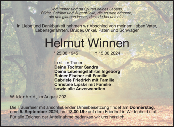 Traueranzeige von Helmut Winnen von Neue Presse Coburg