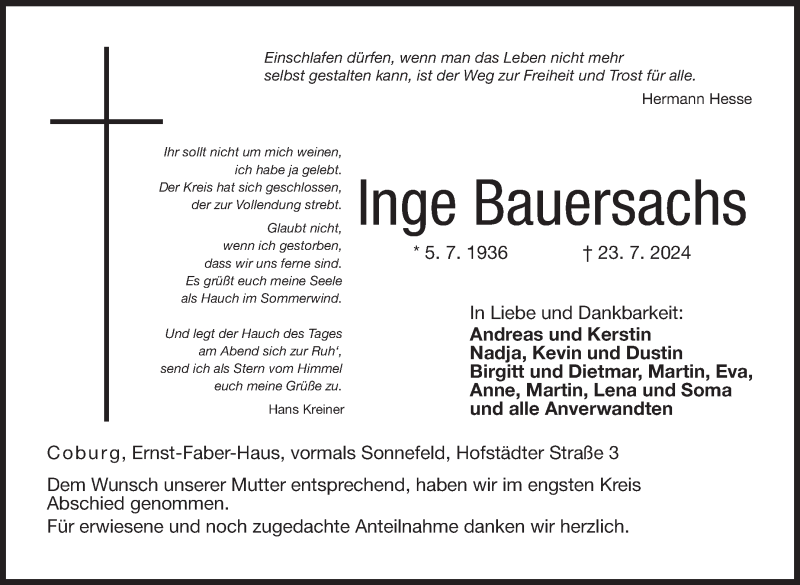  Traueranzeige für Inge Bauersachs vom 10.08.2024 aus Neue Presse Coburg