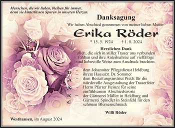 Traueranzeige von Erika Röder von Südthüringer Presse