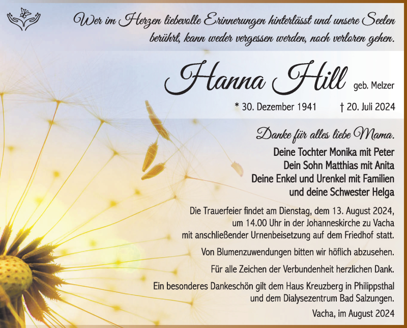  Traueranzeige für Hanna Hill vom 03.08.2024 aus Südthüringer Presse