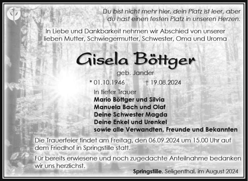  Traueranzeige für Gisela Böttger vom 31.08.2024 aus Südthüringer Presse